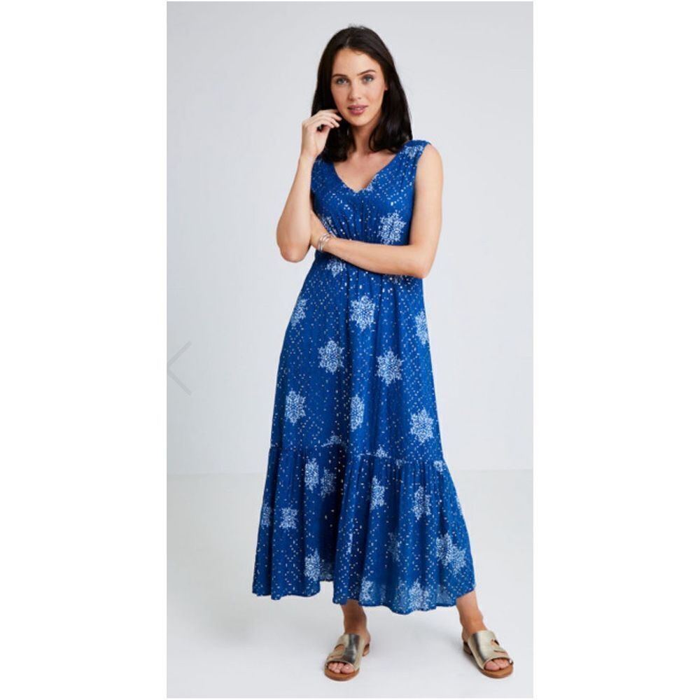 Rubyyaya Womens Beaded Pleated Tiered Snowflakes Julieta Maxi Dress Blue Size Sm